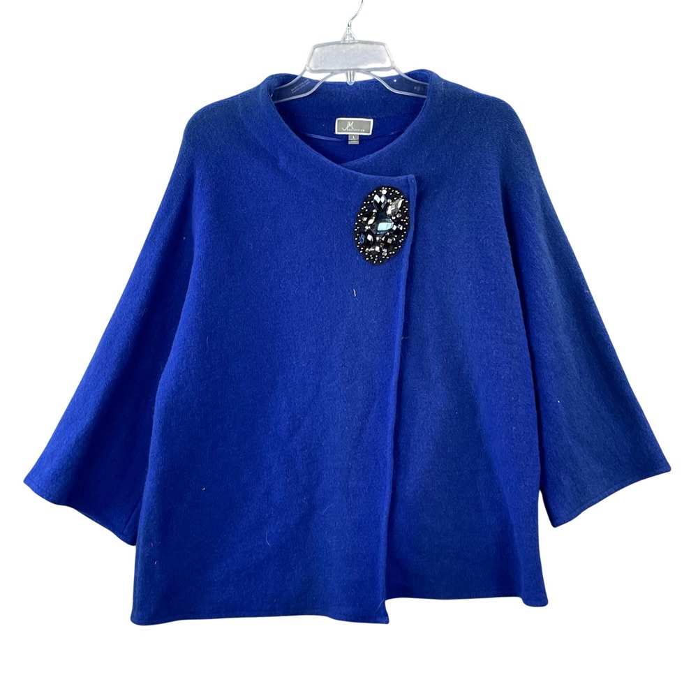 JM Collection Cardigan Women Large Blue Wool Jeweled Brooch Wrap 3/4 Sleeve Coat